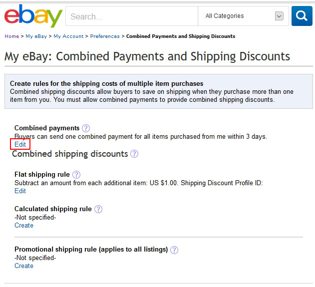 My eBayのCombined Payments設定画面