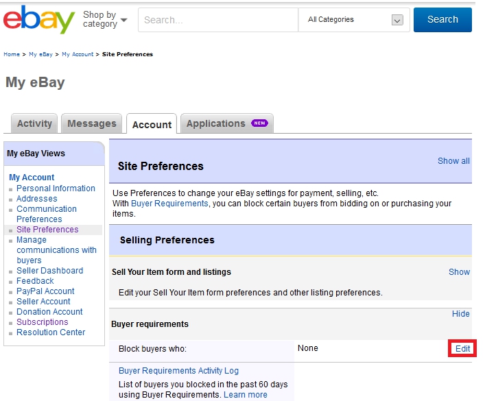 MyeBayのBuyer Requirement設定ページ
